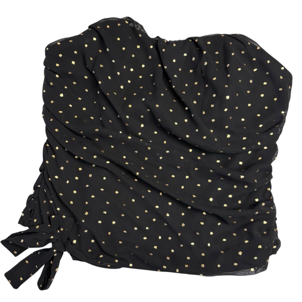 Express Black Strapless Gold Abstract Polkadot Ruched Bodice Bow Hem Blouse Top